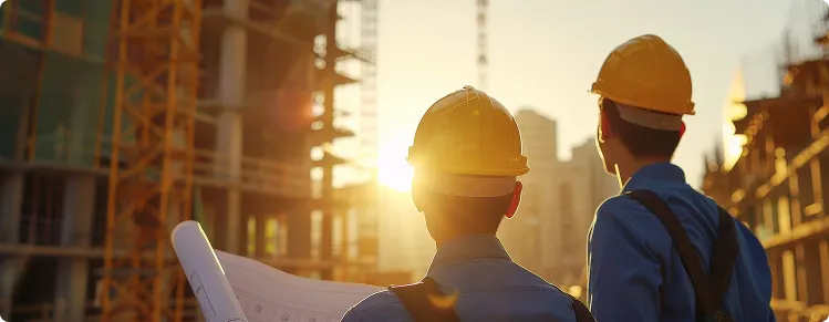 Ingenieros revisando planos de construcción con equipo de seguridad y casco